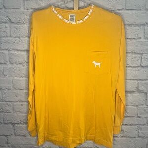 PINK Victoria’s Secret Mustard Yellow Long Sleeve Pocket Tee Dog Logo XS